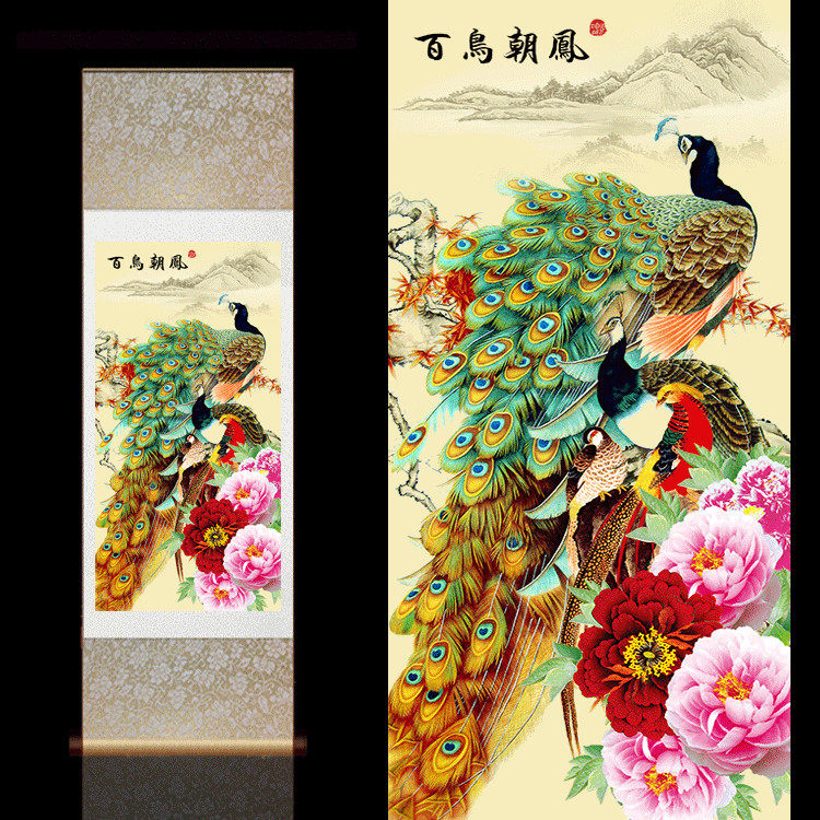 百鸟朝凤国画花鸟画名家字画丝绸卷轴画条幅挂画风水招财富贵吉祥