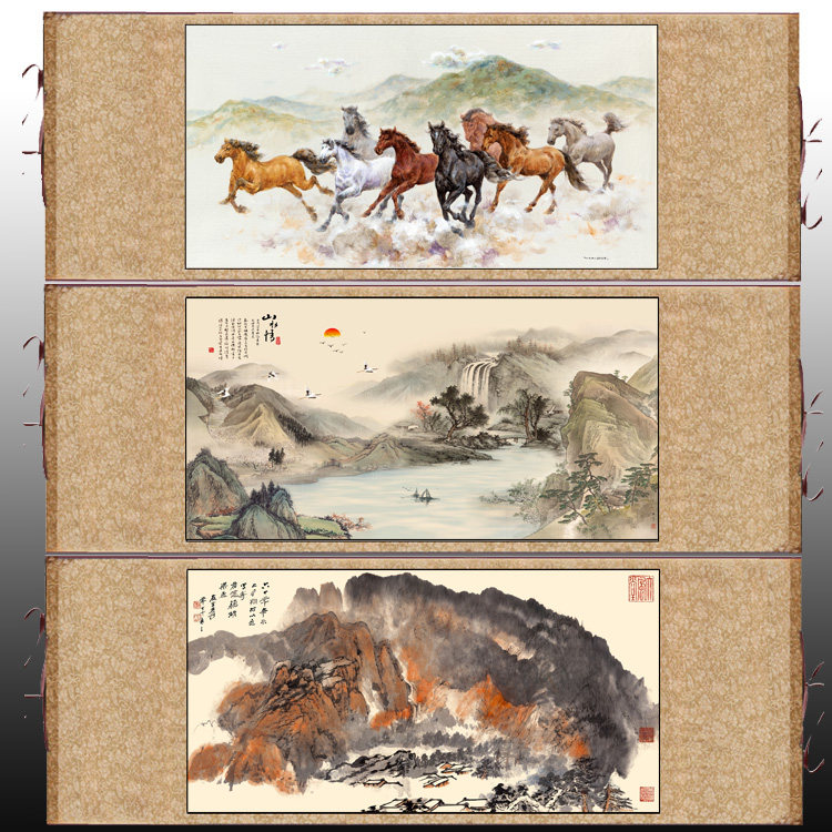 张大千山水画国画牡丹九鲤图八骏图横幅书房办公室装饰画玄关字画