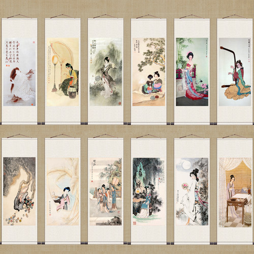 古典风仕女茶楼读书作画抚琴图