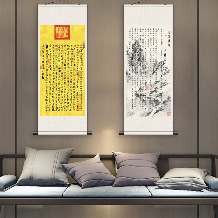 王羲之兰亭序行书书法作品客厅茶楼背景装饰丝绸卷轴画书房挂字画_虎窝淘