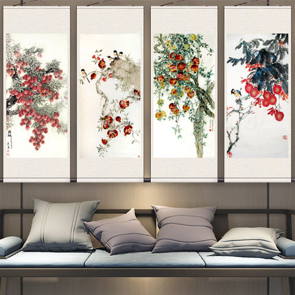 瓜果蔬菜字画国画名家字画丝绸卷轴国画石榴荔枝葡萄小鸟招财纳福