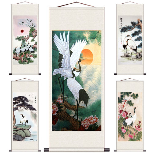 展翅红日招财好运松鹤延年丝绸画
