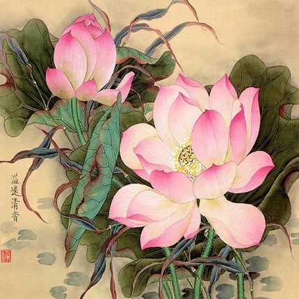 圣洁莲花斗方画丝绸画花鸟画风水卷轴画家居装饰画好运画茶楼壁画