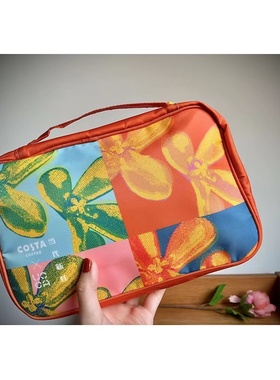 68包邮｜旅行福利～costa咖啡周边活力橙色花朵拉链手提洗漱包