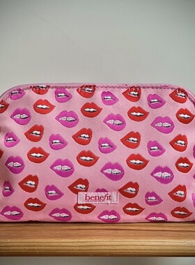 68包邮｜出口欧美benefit刺绣嘴唇红粉彩虹条纹大容量化妆包收纳