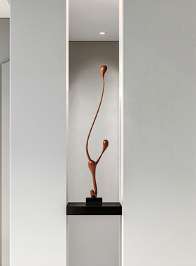 抽象木雕摆件高档酒店样板间入户玄关雕塑艺术品创意竖高软装摆设