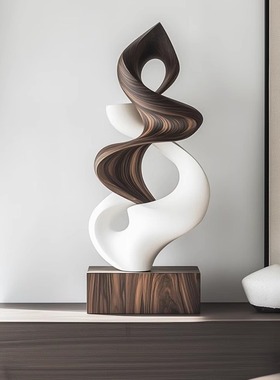 设计师抽象实木雕塑摆件酒店样板房玄关装饰品摆饰撞色木雕艺术品