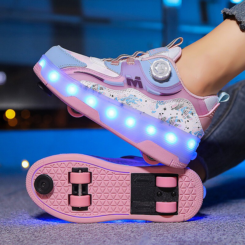 女童暴走鞋带刹车2026新款四轮一键可收缩儿童运动学生隐形轮滑鞋