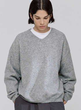 TBALLER 2024新款磨毛纱V领毛衣男潮牌日系纯色针织羊毛混纺chic