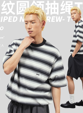 TBALLER 2026新款重磅条纹短袖T恤男潮牌日系落肩拼接抽绳cityboy