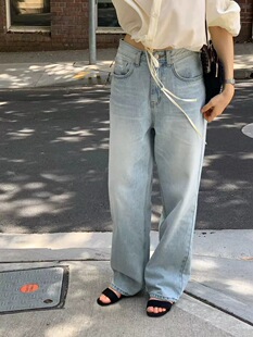新韩系OUNCE高腰显瘦做旧水洗浅蓝色直筒牛仔裤 女 春季 潘彼得小姐