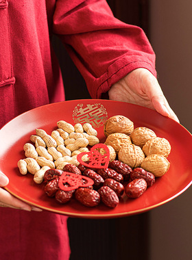 结婚糖果托盘喜庆红色中式双喜高档圆形餐盘婚庆甜汤碗盘套装陶瓷