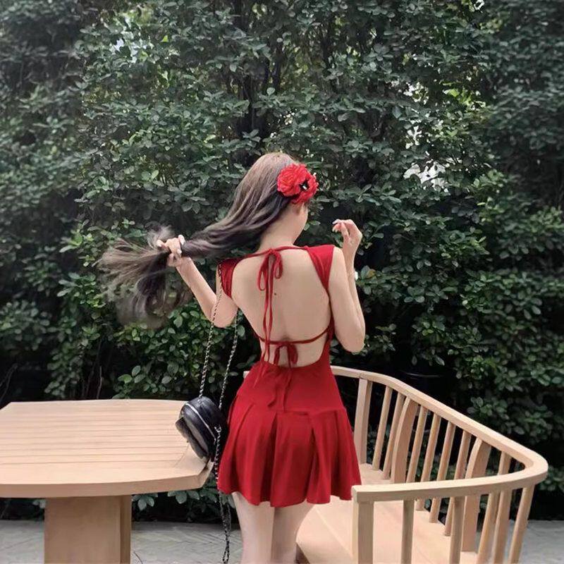 褶皱夏季小个子显瘦领绑带字纯欲露背U修身吊带a裙子连衣裙辣妹女