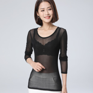 2022单层打底衫女夏网纱弹力显瘦紧身透视超薄性感长袖T恤V领百搭