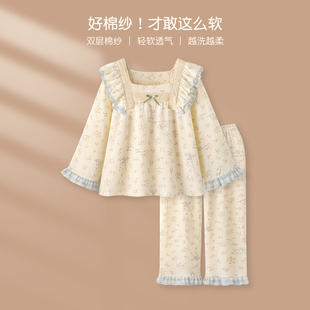 新款 春秋季 甜美全棉睡衣女款 纱布学生卡通家居服套装 萌兔茶会