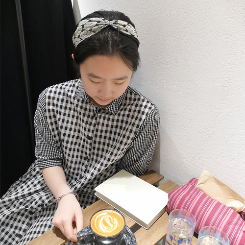日系棉麻小贵品牌 夏季五分袖连衣裙 简约文艺学院风黑白格子长裙