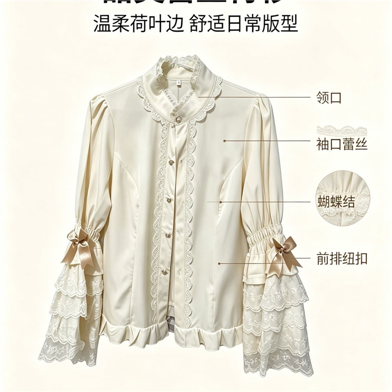 洛丽塔立领姬袖蕾丝长袖衬衫