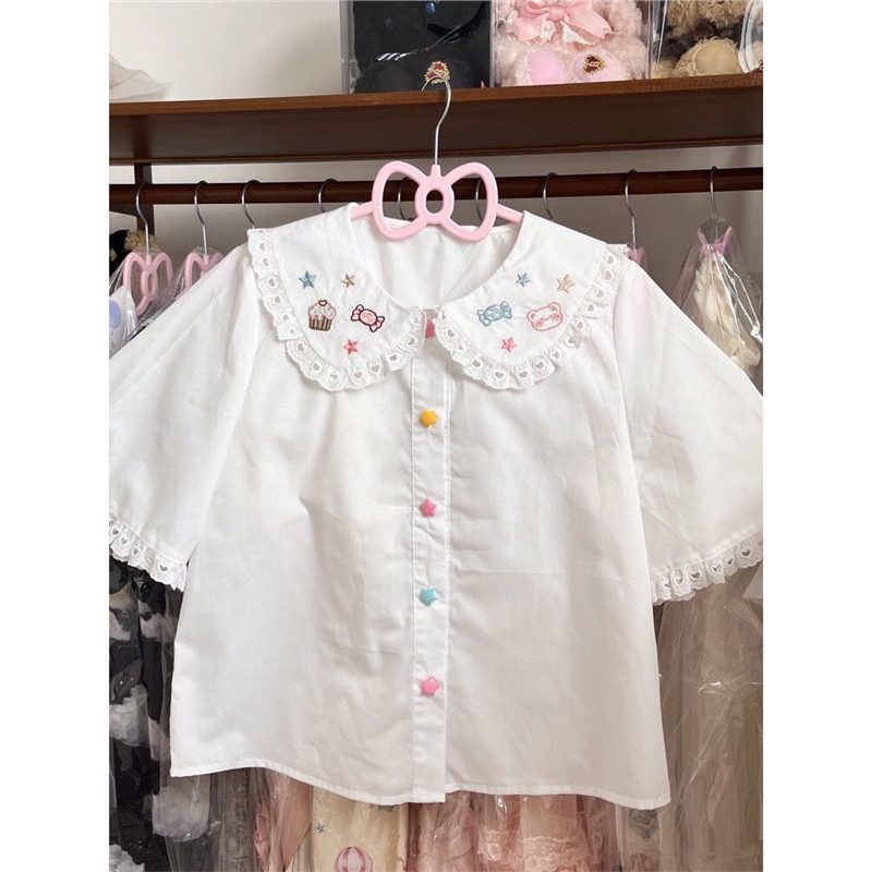 lolita内搭夏季日系可爱软妹衬衫娃娃领宽松可爱刺绣百搭衬衫上衣