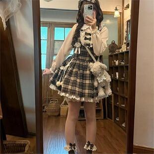 Lolita日系甜美学院可爱蝴蝶结格纹背带两件套连衣裙小个子套装