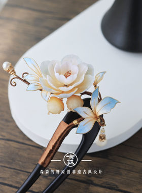 森森的簪丨大茶茶 非遗绒花茶花檀木盘发簪 中式古典流苏发饰礼物