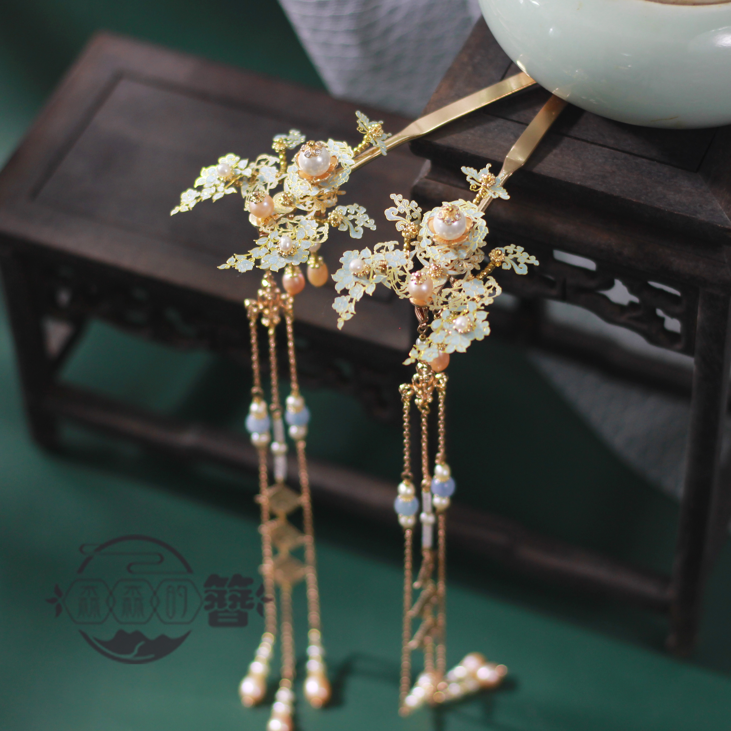 原创发簪仿烧蓝点翠流苏精致发簪