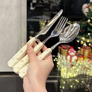 304不锈钢高档轻奢不锈钢牛排刀叉勺三件套白色奶酪西餐具套装
