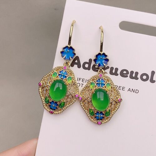 真品绿玛瑙耳饰玉髓坠石钉
