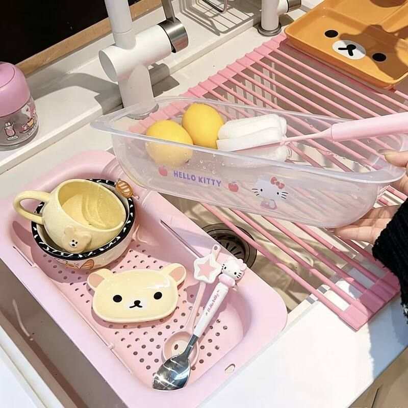 正版Hello kitty伸缩沥水篮厨房水槽高颜值粉色双层蔬果清洗篮洗