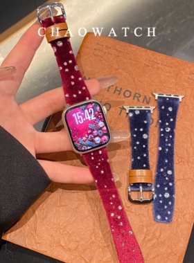 新年红色灯芯绒皮适用于苹果手表表带s11代apple女iwatch109876se