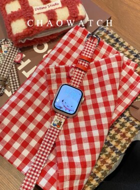 格纹兔子适用于苹果手表表带s11代apple女iwatch109876se新年红色