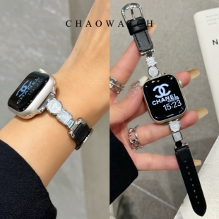 适用苹果手表表带s10代apple女iwatch9贝母拼真皮876夏天se小蛮腰