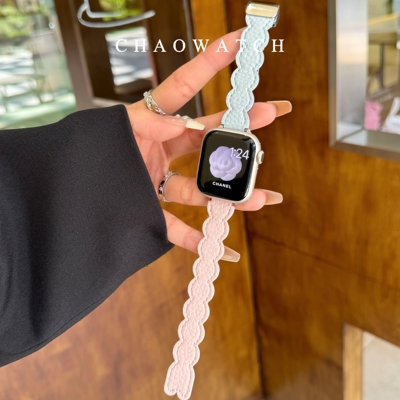 波浪荔枝纹磁吸真皮适用于苹果手表表带s11代apple女iwatch1098se