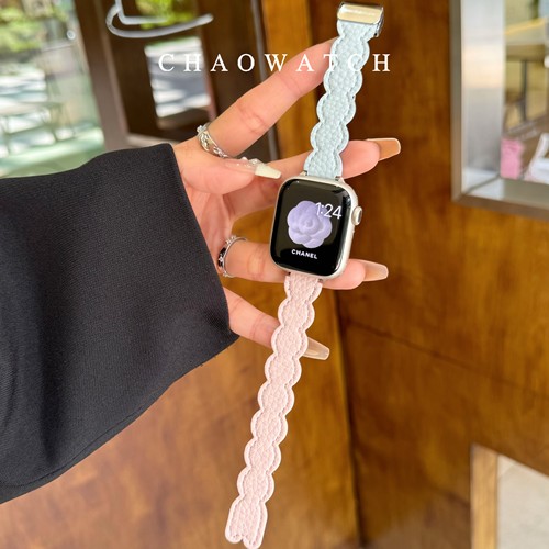 波浪荔枝纹磁吸真皮适用于苹果手表表带s11代apple女iwatch1098se