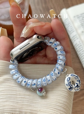 蓝花朵电话绳适用于苹果手表表带s10代apple女款iwatch9876se夏季