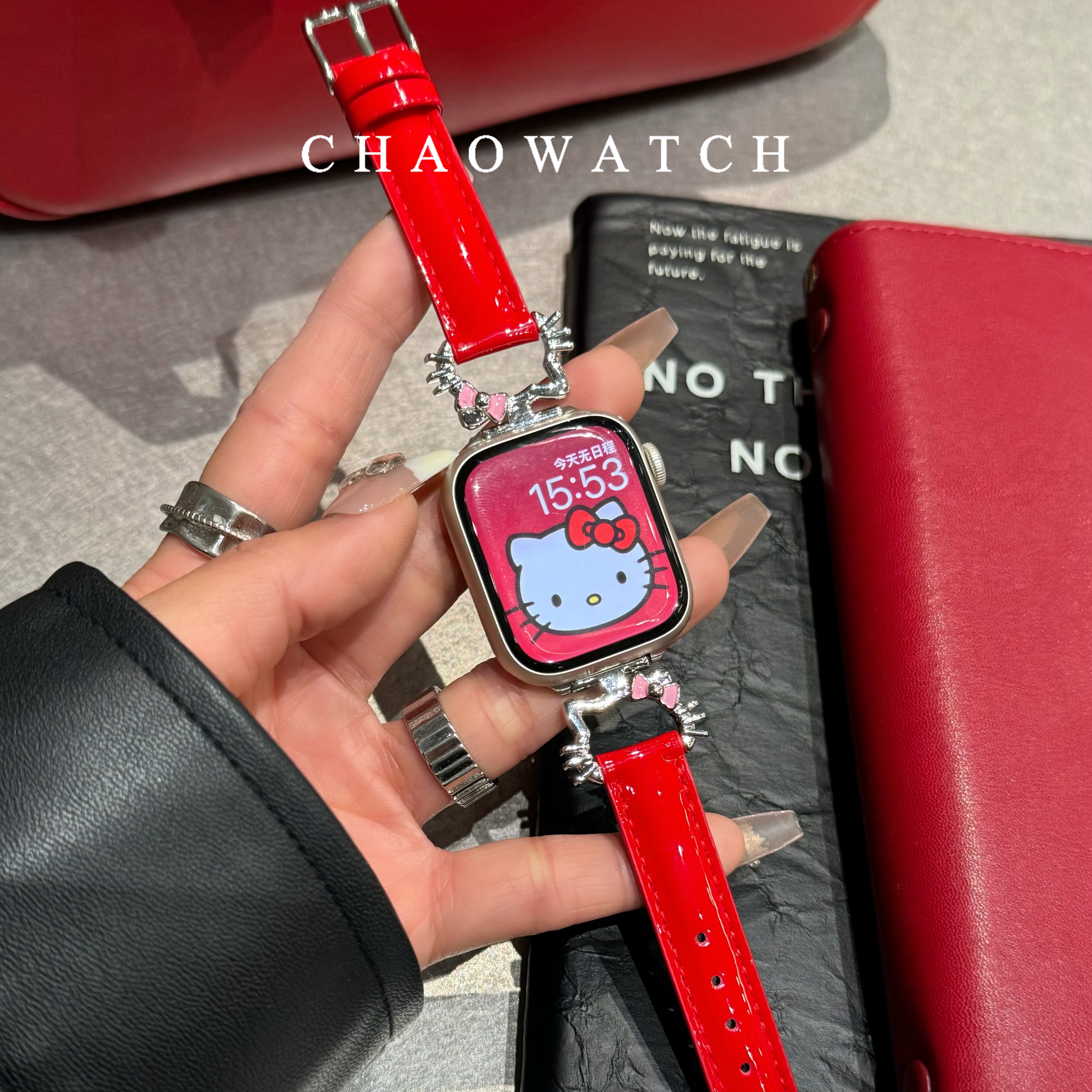 适用苹果手表表带s10代apple女款iwatch9亮皮kt猫876夏天se红色
