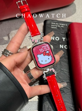 适用苹果手表表带s10代apple女款iwatch9亮皮kt猫876夏天se红色