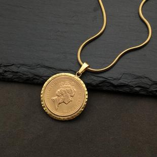 vintage中古浮雕人像镀金币项链上新小众设计感高级特色圆牌吊坠