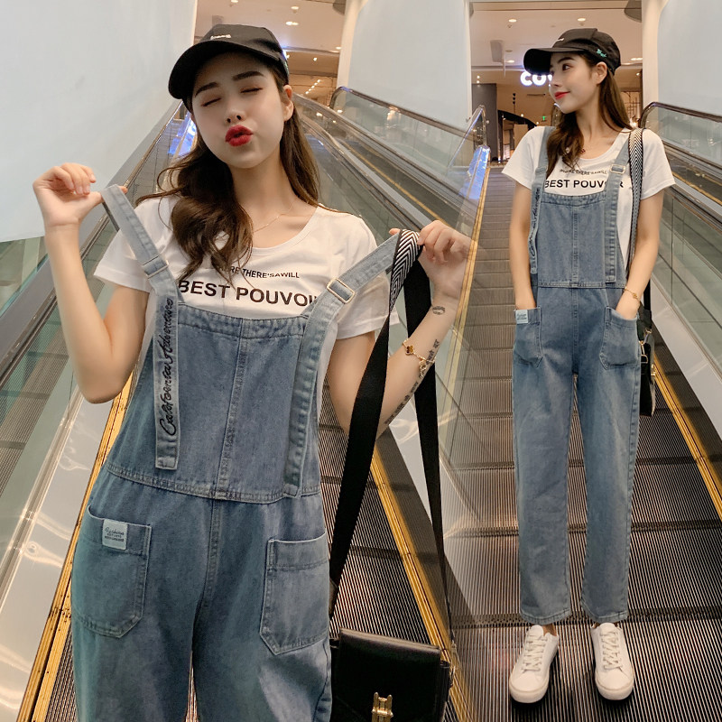 实拍阔腿牛仔背带裤女2025春季韩版宽松白色t恤减龄孕妇连体套装