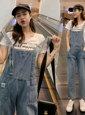 实拍阔腿牛仔背带裤女2025春季韩版宽松白色t恤减龄孕妇连体套装