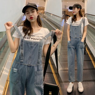 实拍阔腿牛仔背带裤女2025春季韩版宽松白色t恤减龄孕妇连体套装