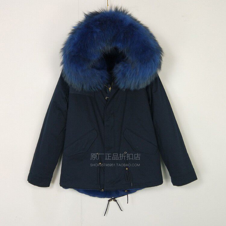 潮牌男士大毛领短款派克服大码藏蓝色加厚绒棉服真貉子毛领尼克服