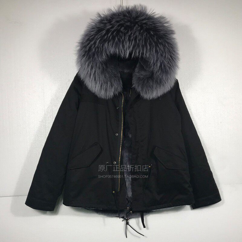 INS潮牌獭兔毛大码男士棉服可拆卸貉子毛大毛领灰色真毛短款派克