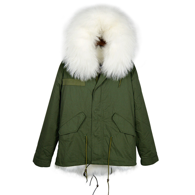 潮牌INS白色狐狸毛皮草女士短款派克服 明星同款大毛毛领绿外套冬