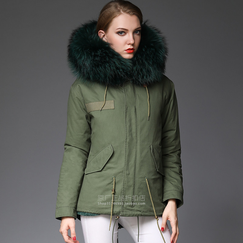 冬新品潮牌大码女士棉服短款修身欧美墨绿大毛领可拆加厚绒派克服