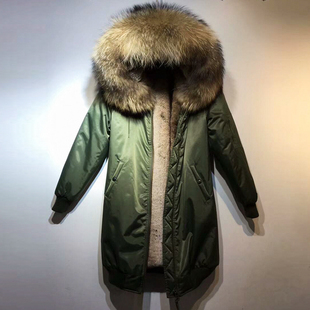 INS超火长款 女士飞行夹克皮草派克欧美外贸潮牌大毛领 棒球服大码