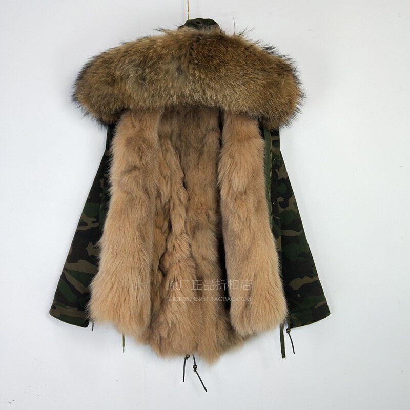 男士短款狐狸毛大码尼克服可拆卸大毛领迷彩派克服潮牌新品真皮草