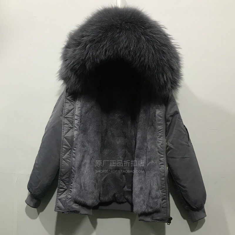 潮牌冬新品大码男士棉服短款银灰色真毛水貂毛皮草夹克棉衣大毛领