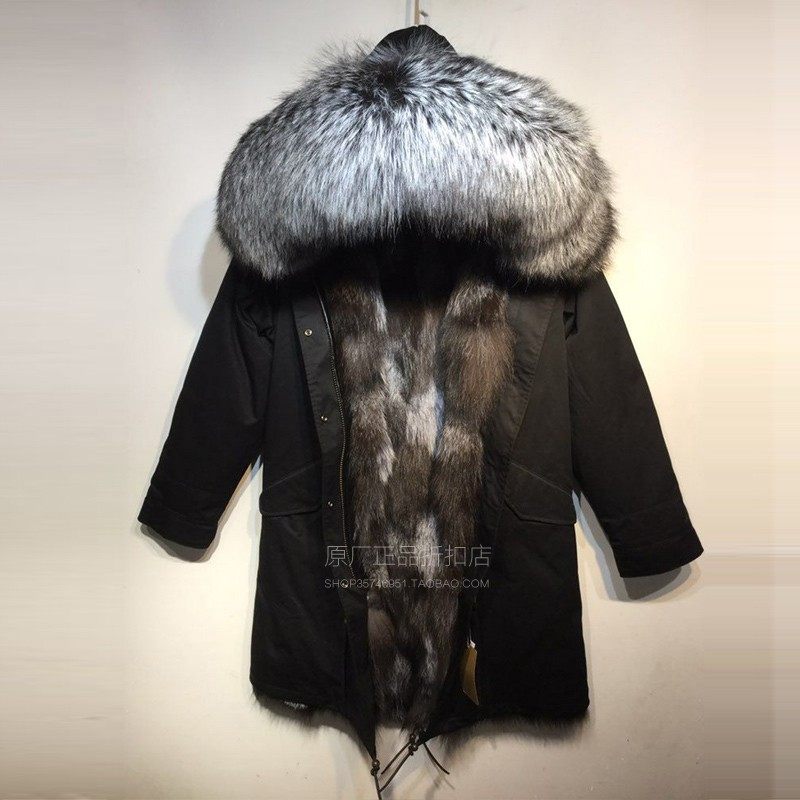冬新品潮牌银狐狐狸毛男士皮草长款大毛领可拆派克服长款大码皮草