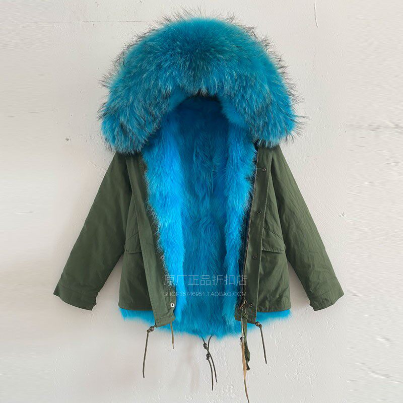 潮牌冬新品湖蓝挑染狐狸毛皮草女短款大毛领连帽休闲派克服炸街款