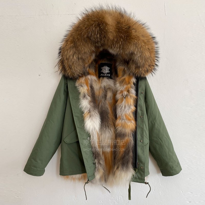 潮牌新品男士短款狐狸毛大码派克服连帽貉子毛毛领可拆皮草尼克服